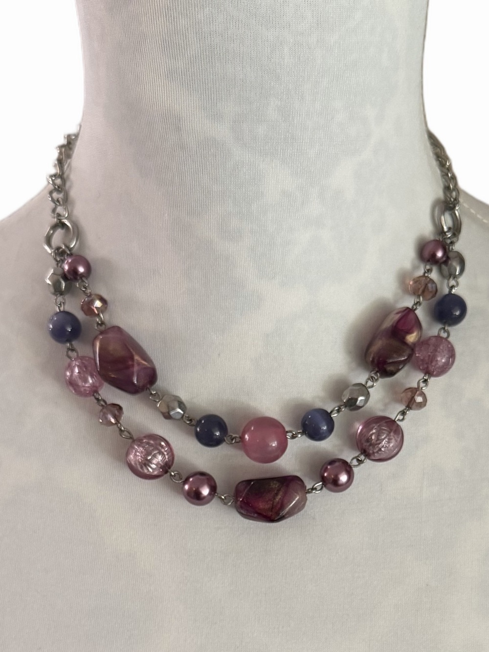 Statement Beaded Necklace Purple Pink Silver Tone Multi Strand Adjustable